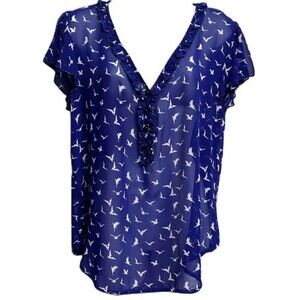 Lily Rose Size XL Sheer Royal Blue Blouse‎ With White Bird Print